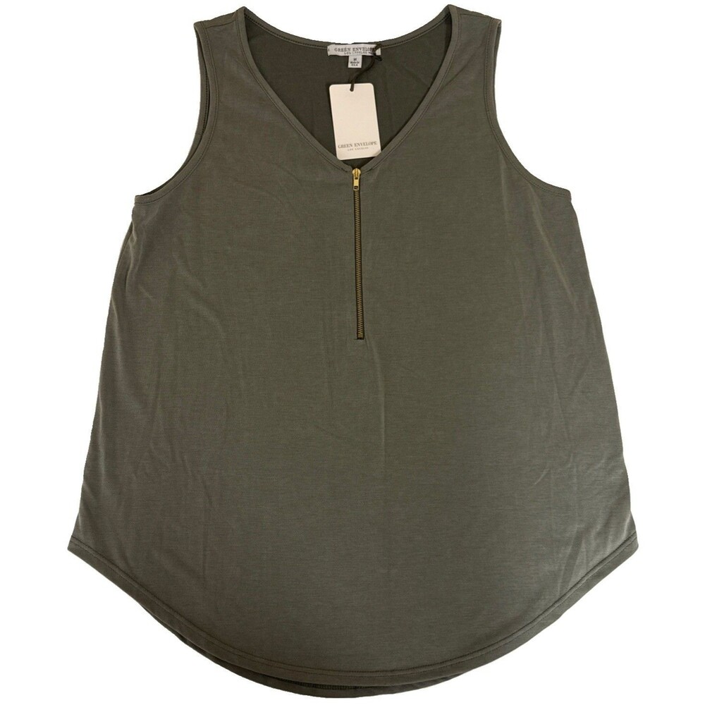 Green Envelope Olive Green V-Neck Zip Front  Curved Hem Tank Top NWT Size - M